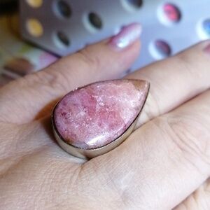 Thulite Pink Teardrop Silver Plated Ring Size 7.5